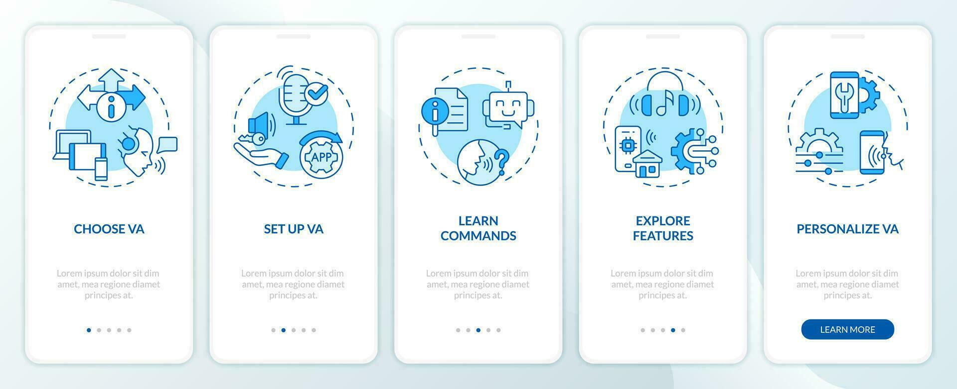 2d ícones representando voz assistente Móvel aplicativo tela definir. passo a passo 5 passos azul gráfico instruções com linear ícones conceito, interface do usuário, ux, gui modelo. vetor