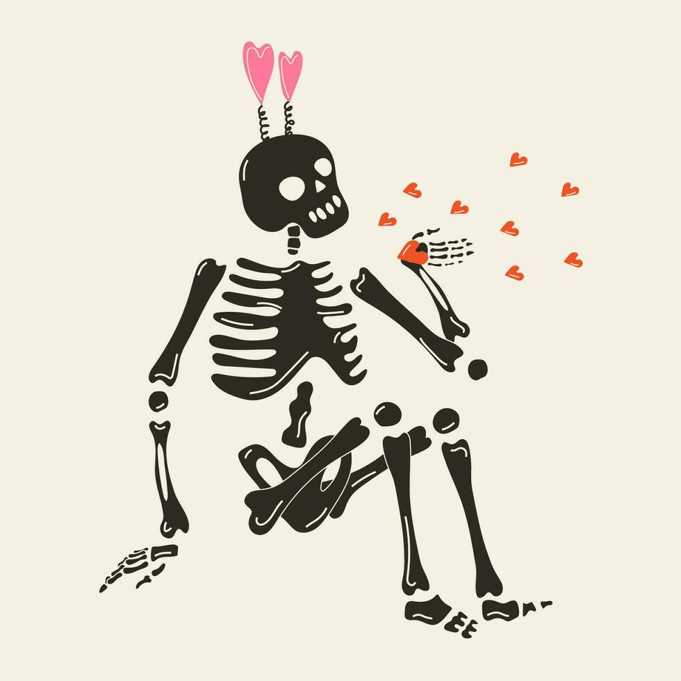 engraçado esqueleto com decoração para dia dos namorados dia. fofa personagem esqueleto ossos vetor