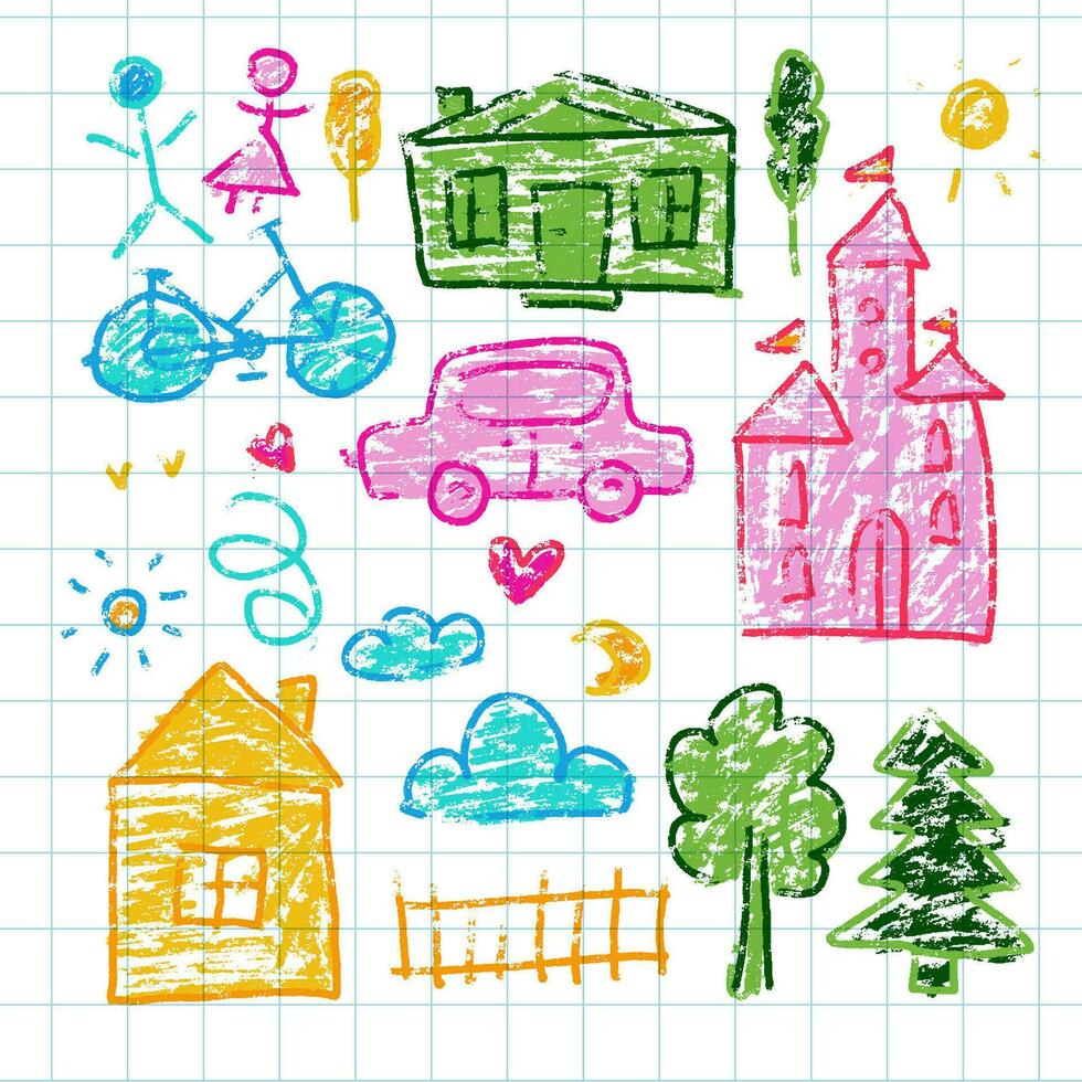crianças s desenhos definir. casa, castelo, árvore, carro e nuvens. cor cera lápis vetor ilustração. mão desenhado engraçado rabisco. pequeno criança s esboço