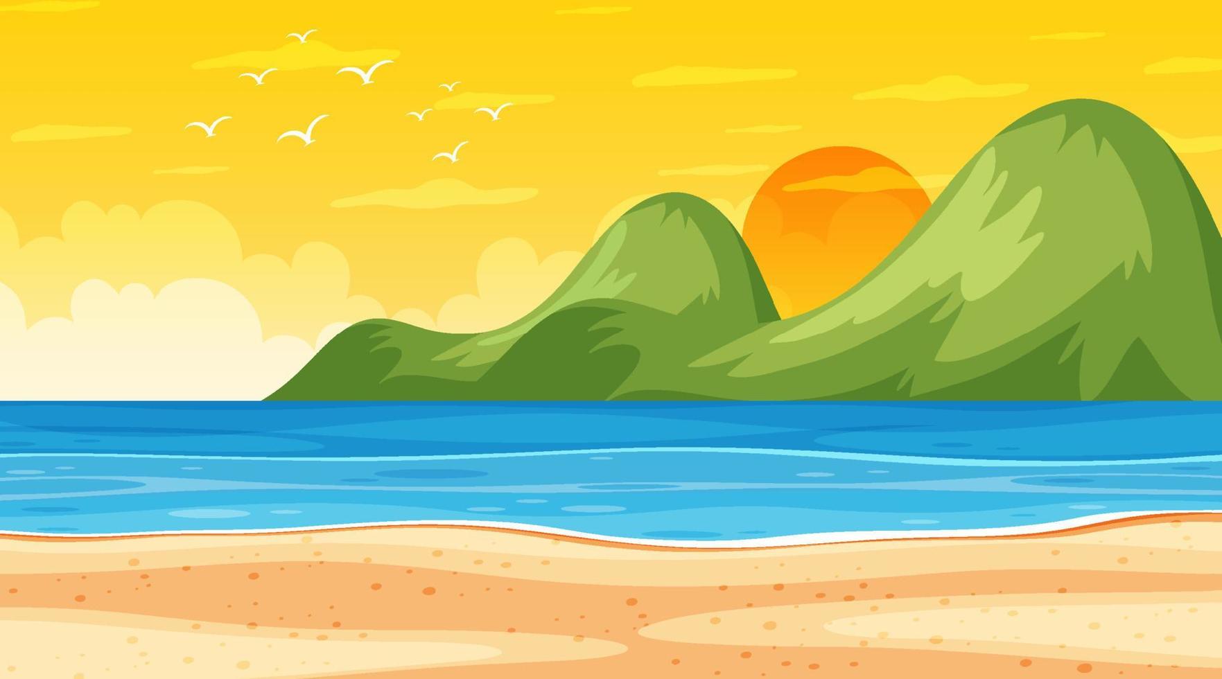paisagem de praia em cena de pôr do sol com ondas do mar vetor