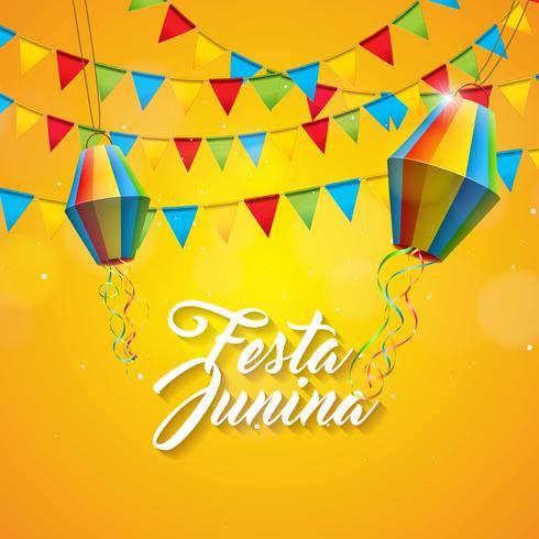 Ilustração de Festa Junina com bandeiras do partido e lanterna de papel no fundo amarelo. Vector Brazil June Festival Design para cartão, convite ou cartaz de férias.
