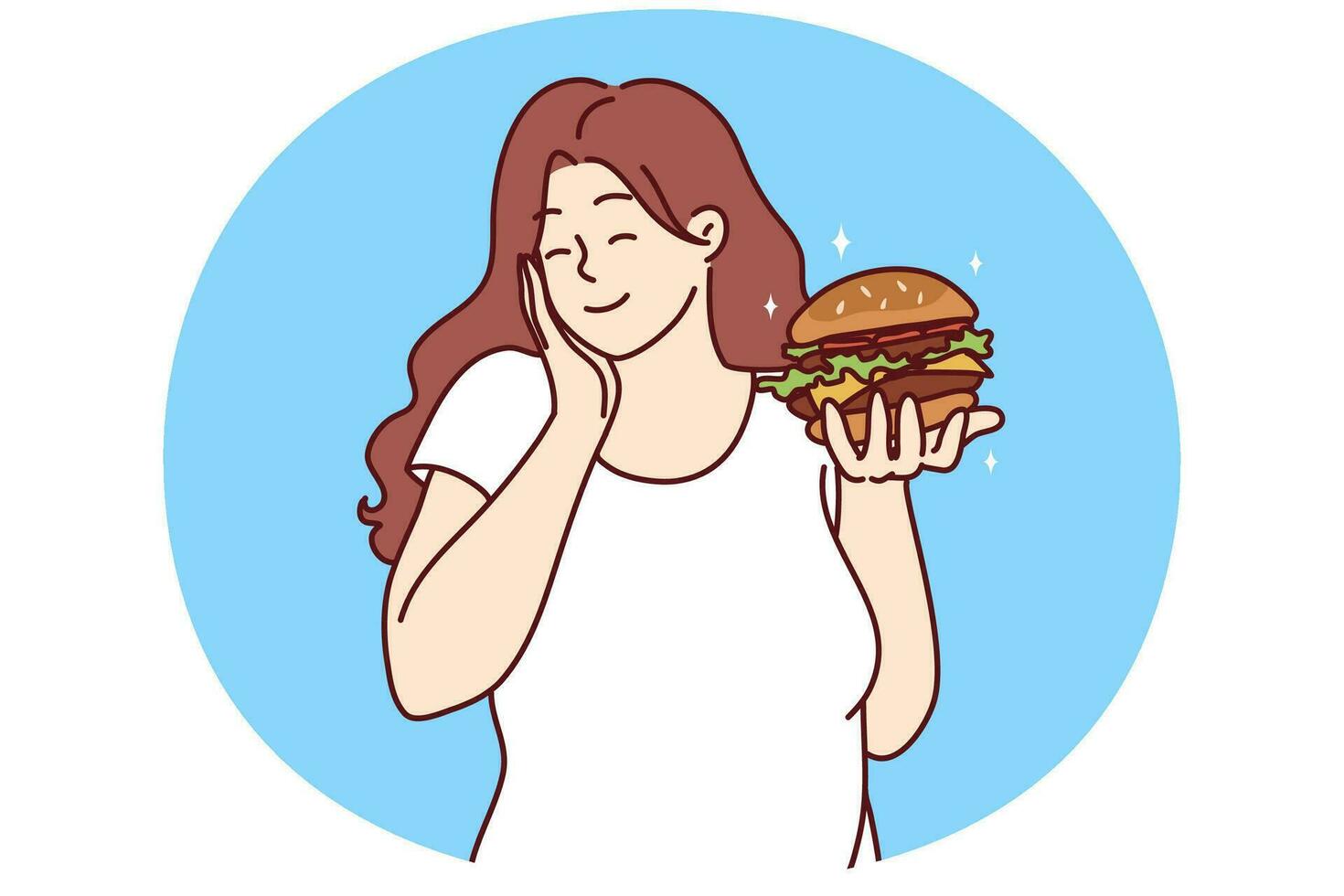 mulher com excesso de peso feliz segurando hambúrguer animado com fast-food. garota gorda sorridente comendo hambúrguer gorduroso e insalubre. dieta e nutrição. ilustração vetorial. vetor