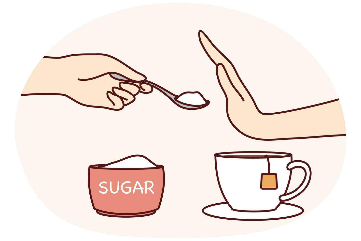 pessoa diga não ao açúcar no chá ou no café. o homem ou a mulher fazem gestos com a mão recusam-se a aditivos doces e seguem um estilo de vida saudável. ilustração vetorial. vetor