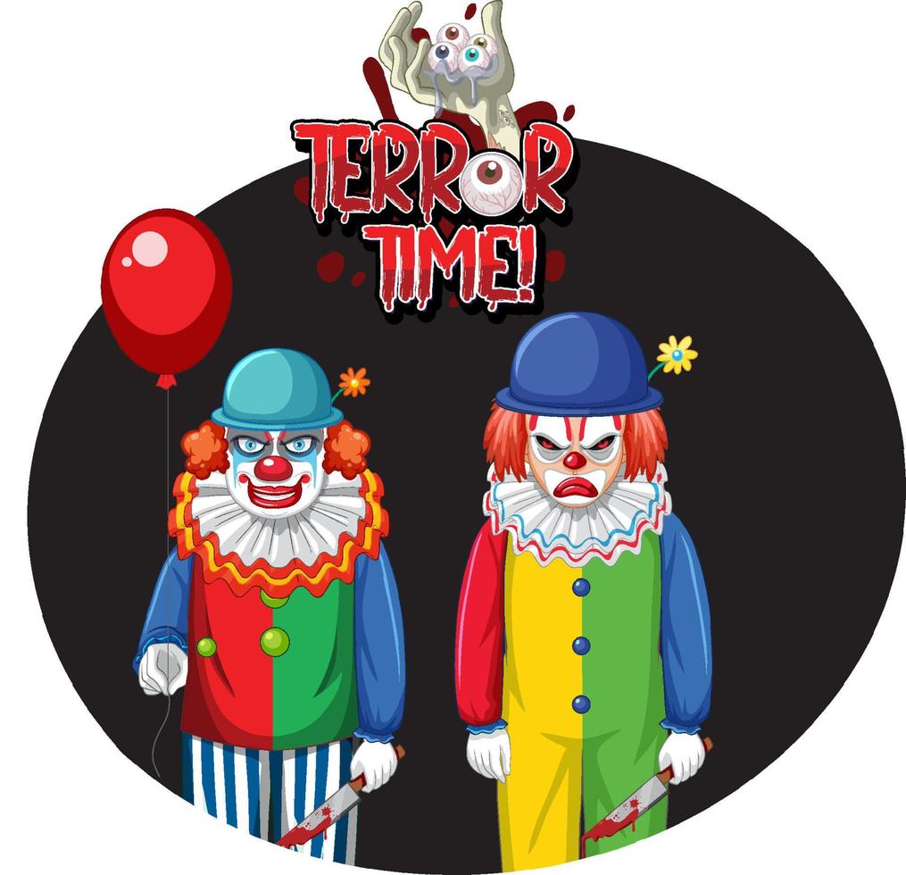 emblema do tempo do terror com dois palhaços assustadores vetor