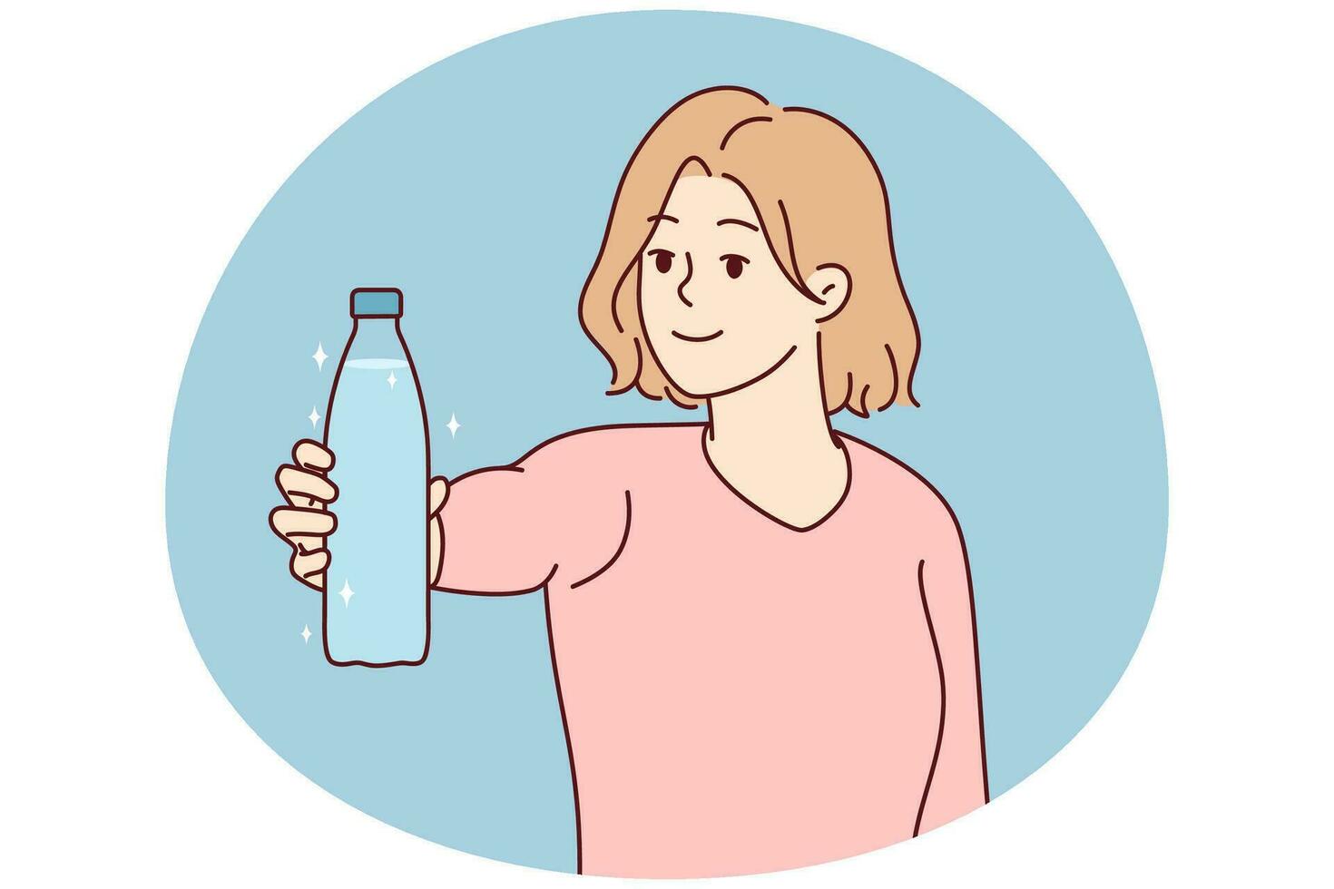 jovem sorridente segura garrafa de água recomenda beber aqua claro e limpo. mulher feliz faz recomendação para um estilo de vida saudável. ilustração vetorial. vetor