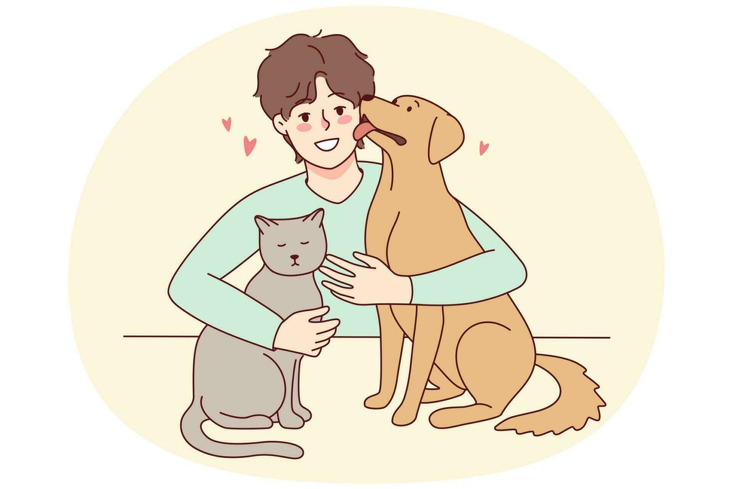 feliz homem com gato e cachorro mostrando amor e Cuidado. sorridente cara com animais de estimação apreciar doméstico animais empresa. vetor ilustração.