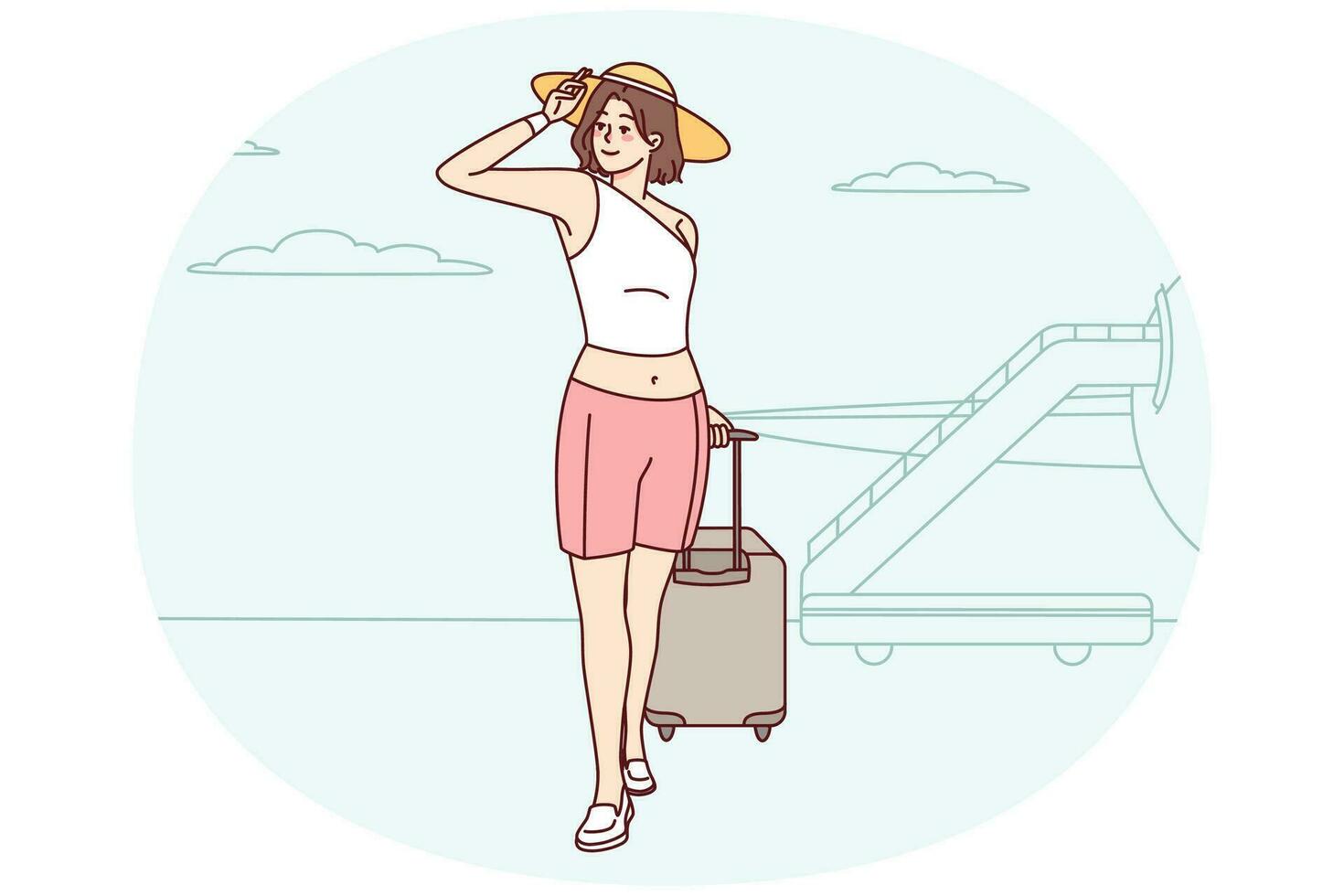 feliz mulher com mala de viagem dentro aeroporto pronto para verão período de férias. sorridente menina dentro chapéu com Bagagem animado sobre horário de verão feriados. vetor ilustração.