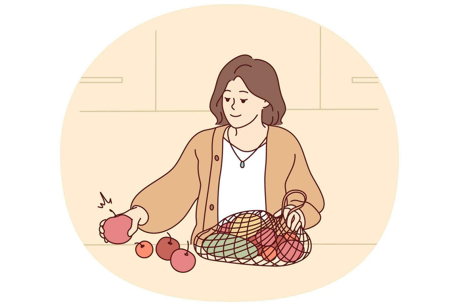 mulher desembalar saco com fresco frutas e legumes. sorridente fêmea compras para orgânico produtos Segue saudável nutrição dieta. vetor ilustração.