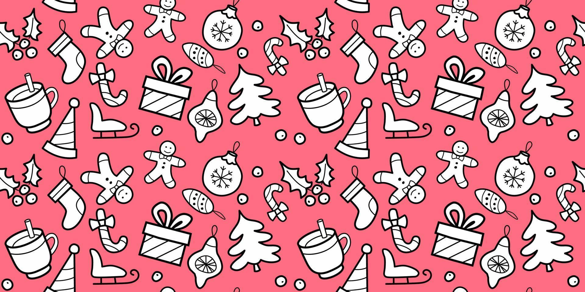 conjunto de ícones de natal - fundo colorido sem costura em estilo simples. árvore de natal, brinquedo. feriado ano novo vetor