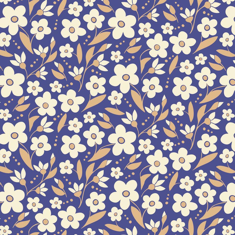 floral abstrato padronizar em azul fundo dentro vintage cores. plano mão desenhado cortar Fora flores, folhas. único retro impressão Projeto para têxtil, papel de parede, interior, invólucro papel vetor