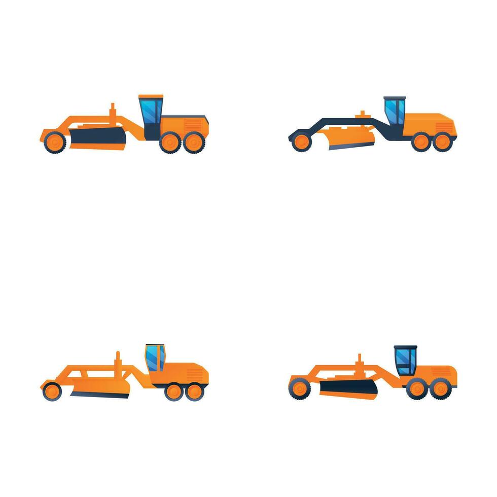 estrada motoniveladora ícones conjunto desenho animado vetor. pesado equipamento veículo vetor
