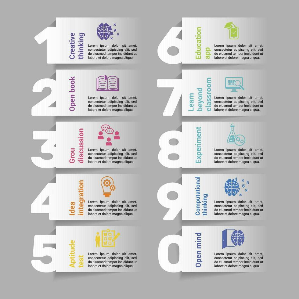 infográficos com criativo Aprendendo tema ícones, 10 passos. tal Como criativo pensamento, aberto livro, grupo discussão, idéia integração e mais. vetor