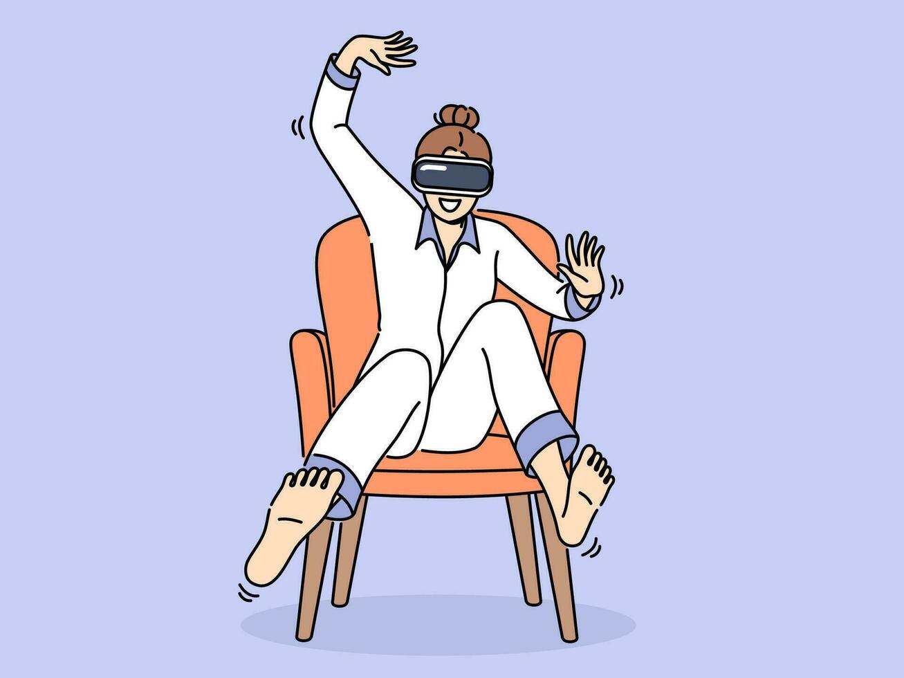 mulher vestindo vr fone de ouvido senta dentro cadeira e ondas braços e pernas, ser imerso dentro virtual realidade vetor