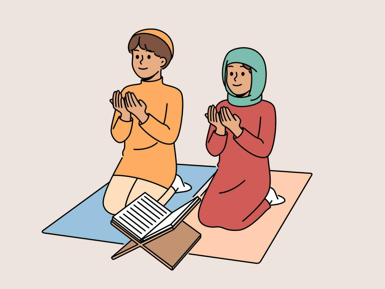 pequeno islâmico crianças orar sentado em joelhos perto piedosos Alcorão estudando dentro muçulmano escola vetor