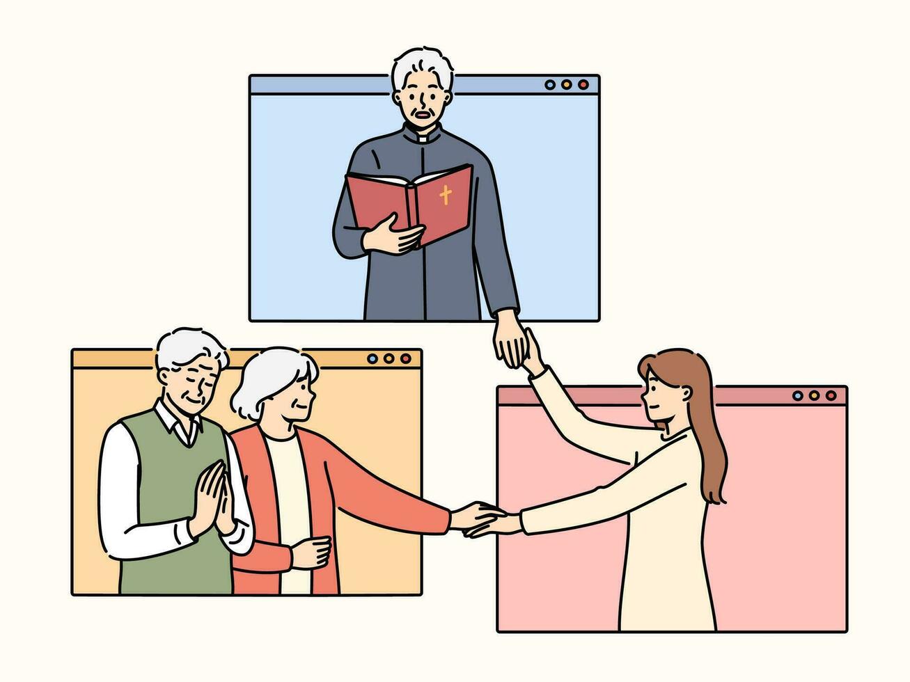 sacerdote conduz conectados cristão massa segurando mãos com paroquianos localizado dentro Internet janelas vetor