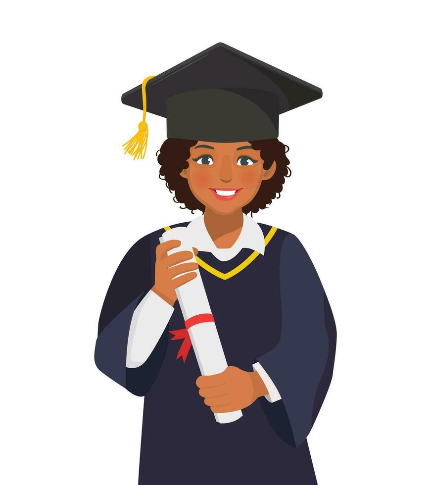 feliz jovem graduado africano mulher dentro graduação vestido e chapéu segurando diploma e certificado vetor