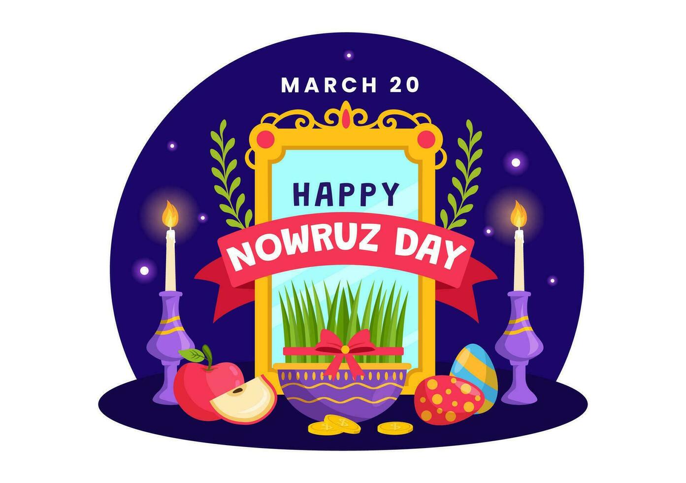 feliz nowruz dia vetor ilustração. tradução persa Novo ano, em 20 marcha com vidro, peixe, enfeites ovos e Relva semeni dentro plano fundo