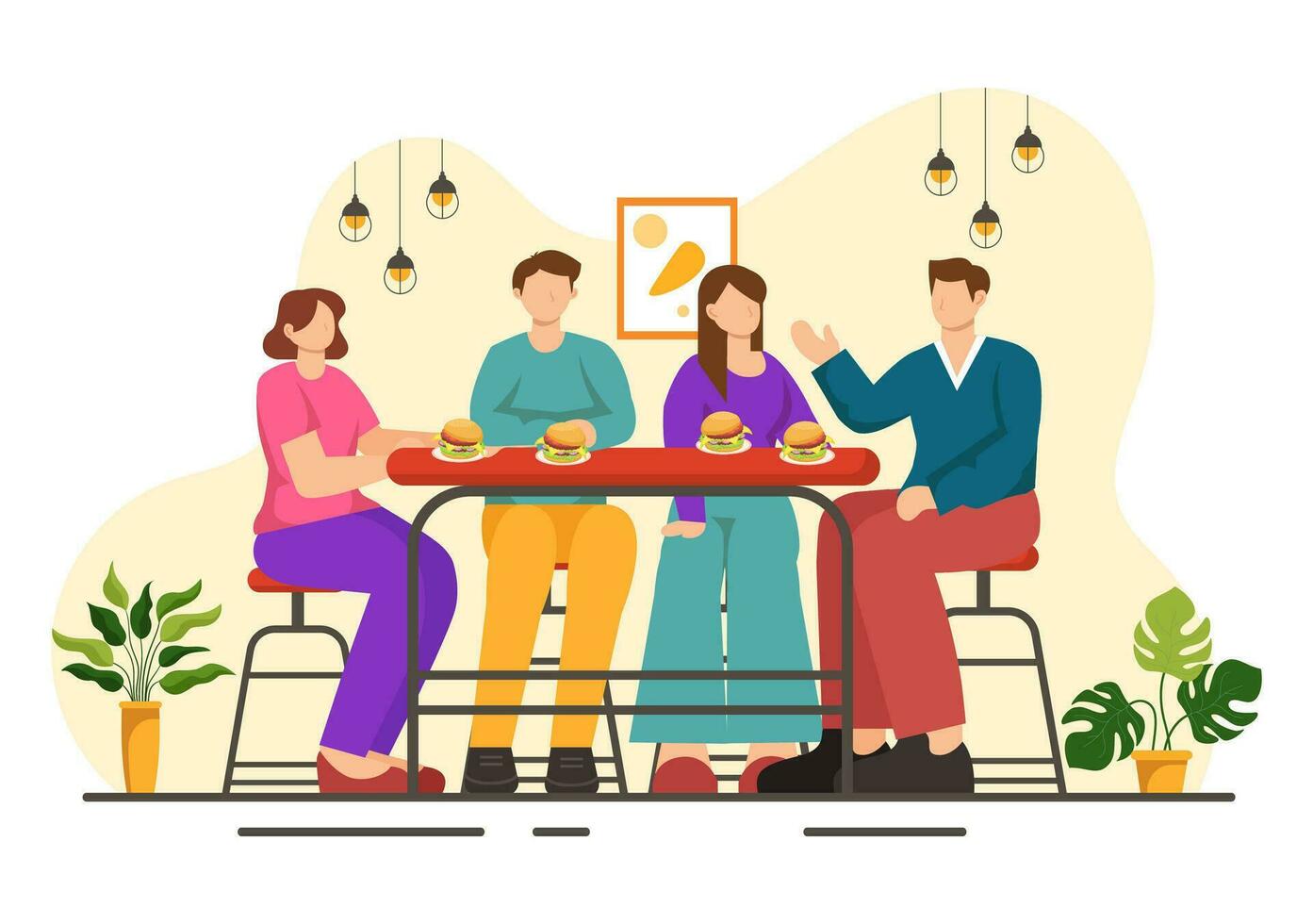 Duplo encontro vetor ilustração com dois casais quem estavam comendo e bebendo juntos dentro uma restaurante dentro plano desenho animado fundo Projeto