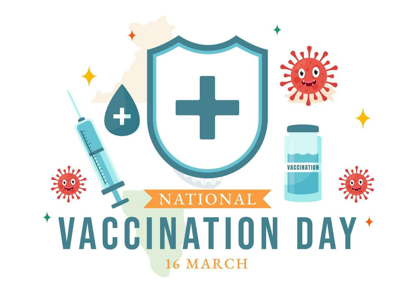 nacional vacinação dia vetor ilustração em marcha 16 com vacina seringa para Forte imunidade a partir de bactérias e saúde Cuidado dentro plano fundo