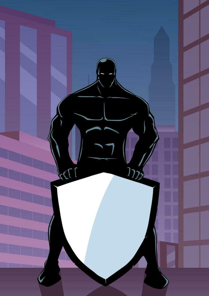 Super heroi segurando escudo dentro cidade vertical vetor
