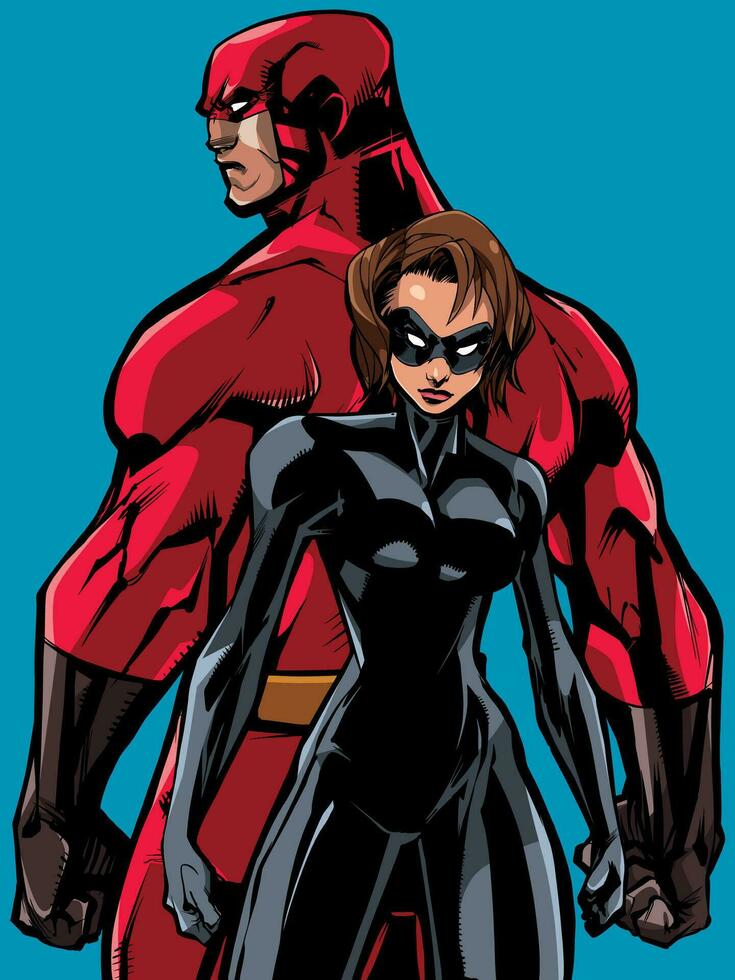 Super heroi casal costas para costas não capas vetor