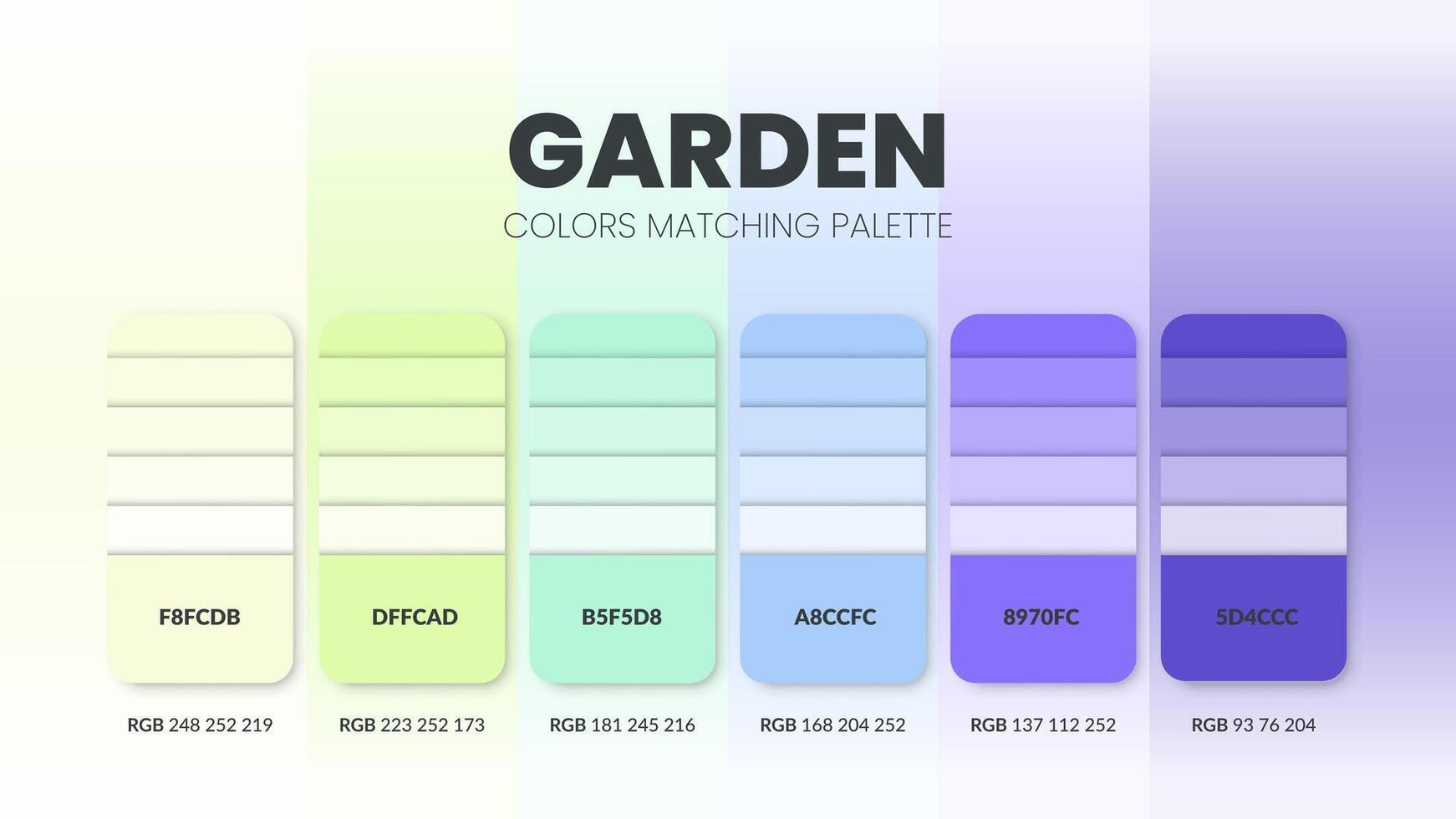 cor paleta dentro jardim cor tema coleções. cor inspiração ou cor gráfico com códigos modelo. cor combinação conjunto do rgb. cores amostra para gráfico projeto, arte, moda, ou rede Projeto. vetor