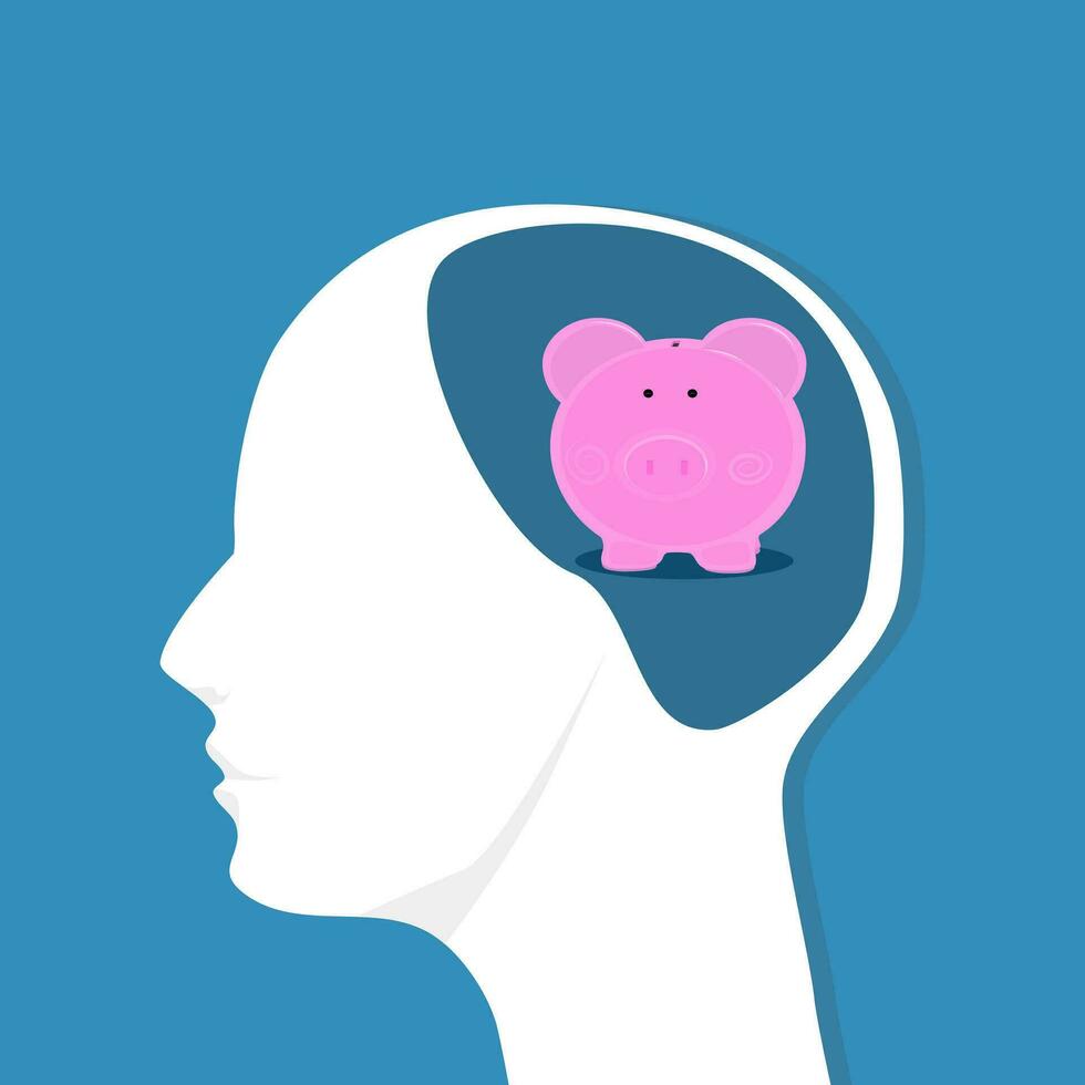 porco porquinho banco dentro humano cabeça cérebro pensa sobre salvando dinheiro. vetor ilustração