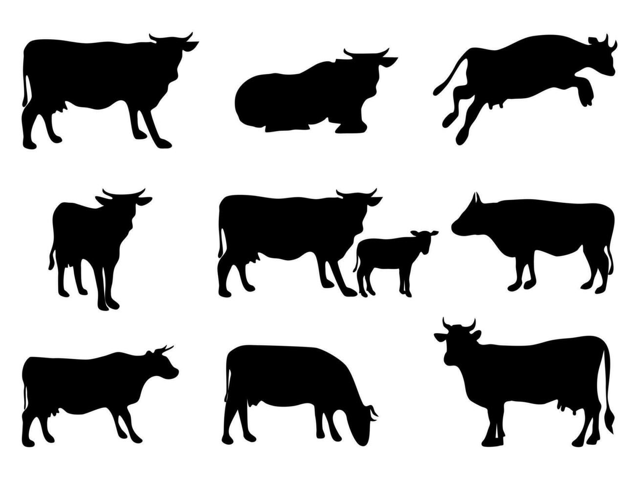 coleção conjunto do vaca e bezerro silhueta isolado em branco fundo vetor ilustração.