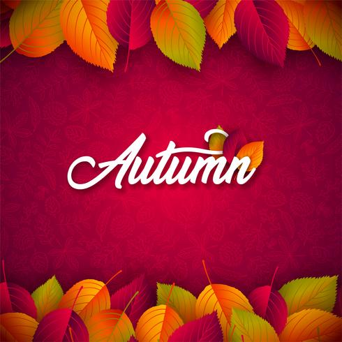 Ilustração do outono com folhas e rotulação de queda no fundo vermelho. Design de vetor outonal com mão desenhada Doodles para cartão, Banner, Flyer, convite, folheto ou cartaz promocional.