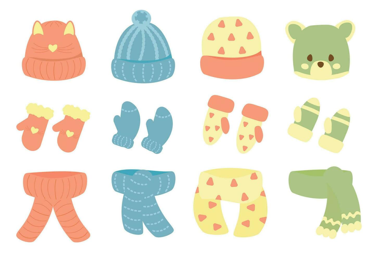 desenho animado conjunto do tricotado chapéus para a outono e inverno temporadas para crianças Rapazes e garotas, isolado em uma branco fundo. chapéu desenhos para frio clima. vetor eps10
