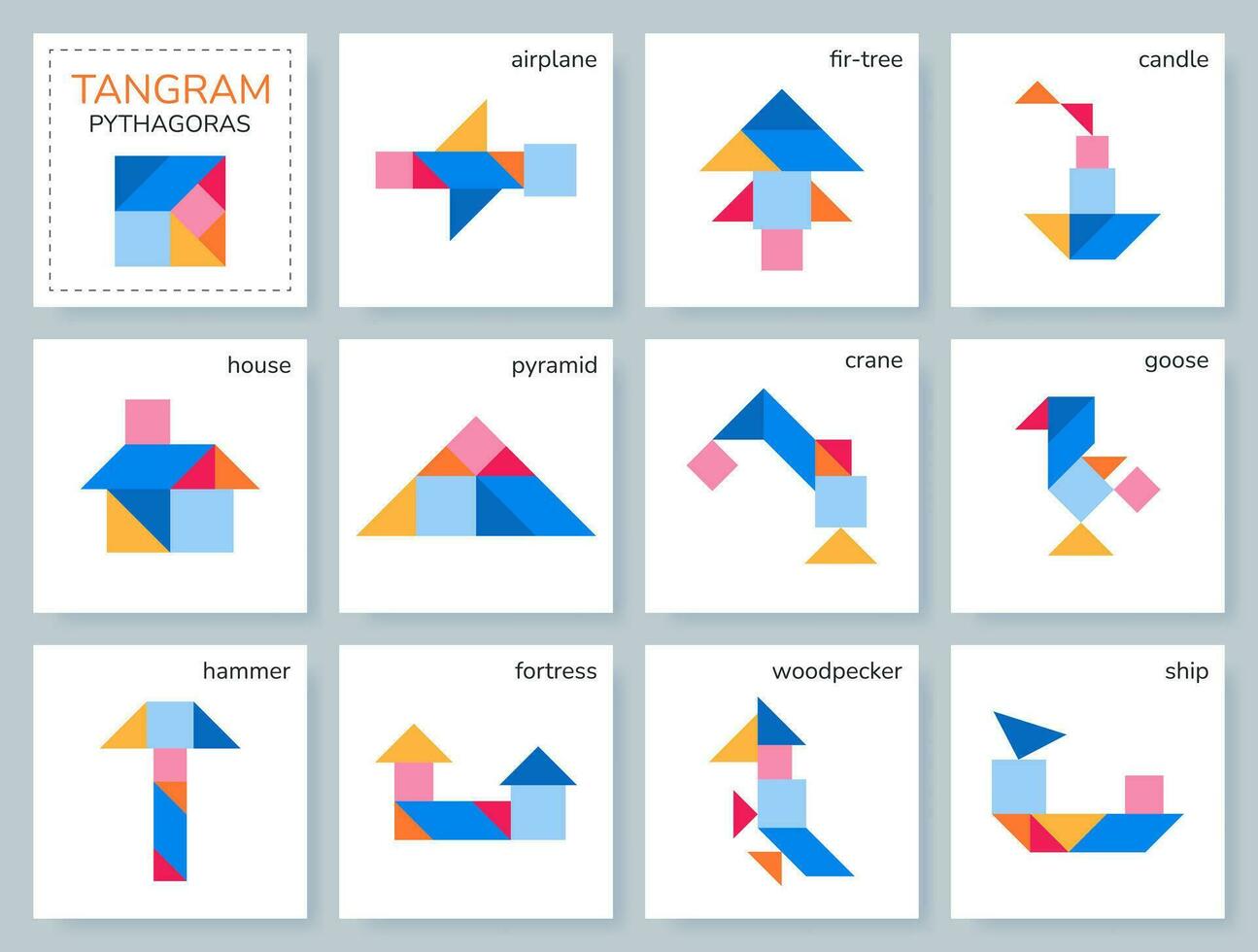 tangram enigma jogos para crianças. colorida geométrico coleção com isolado objetos. Pitágoras. vários ícones em branco pano de fundo. vetor ilustrações.