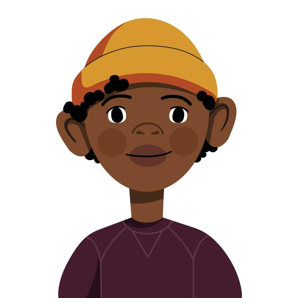 pequeno africano Garoto avatar. retrato do uma bonitinho, risonho criança garoto. avatar face do uma estudante dentro a chapéu. vetor crianças cabeça ilustração isolado em uma branco fundo. desenho animado personagem.