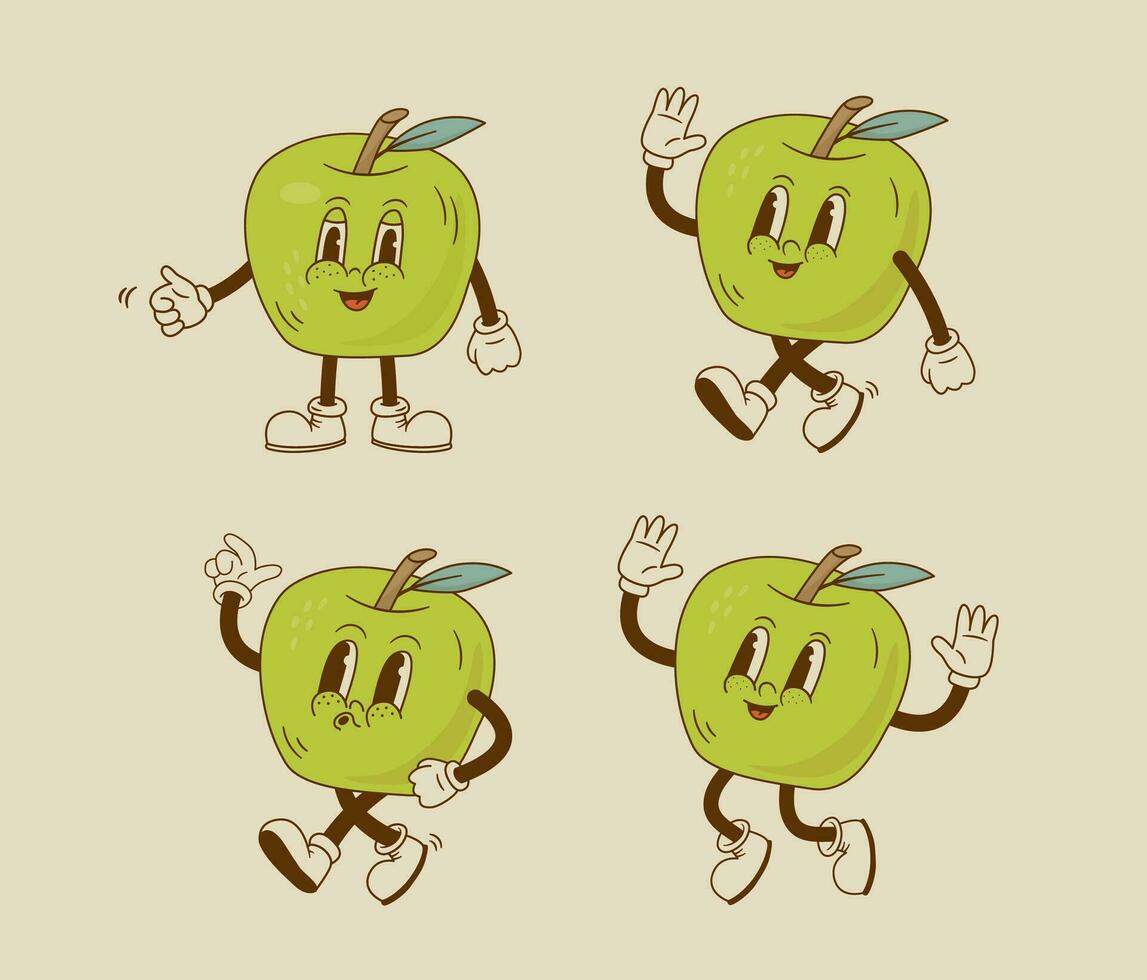 conjunto do retro desenho animado maçã personagens dentro diferente poses e emoção. vintage sorridente fruta mascote vetor ilustração.