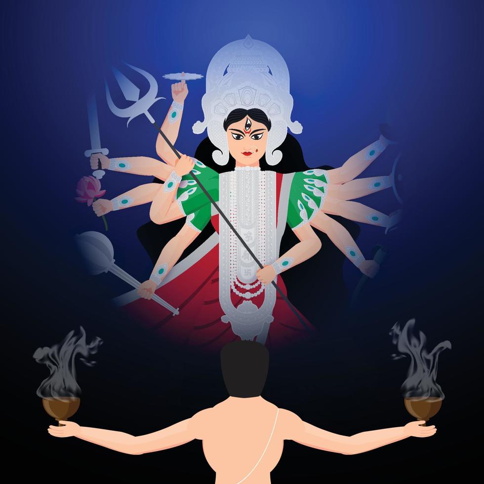 ilustração em vetor de feliz durga puja india festival, subh navratri, fundo subho bijoya com um homem realizando dança dhunuchi