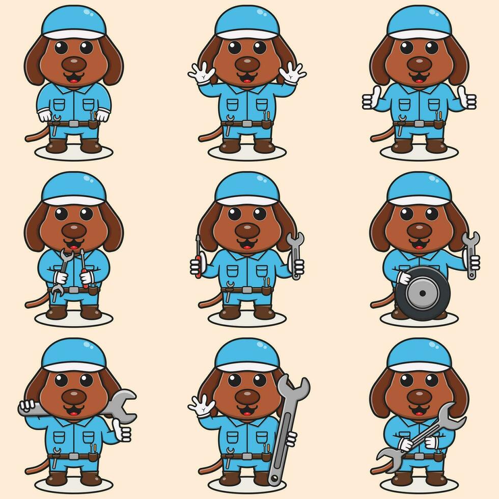 mascote desenho animado do fofa cachorro vestindo mecânico uniforme e boné. fofa cachorro ilustração. personagem animal. mecânico desenho animado definir. vetor ilustração dentro isolado fundo.