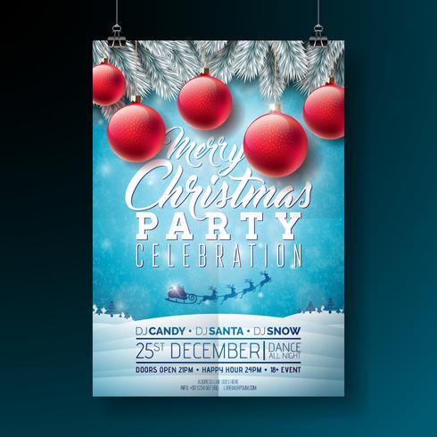 Vector a ilustração do inseto da festa de Natal alegre com elementos da tipografia e do feriado no fundo azul. Modelo de cartaz de convite de paisagem de inverno.