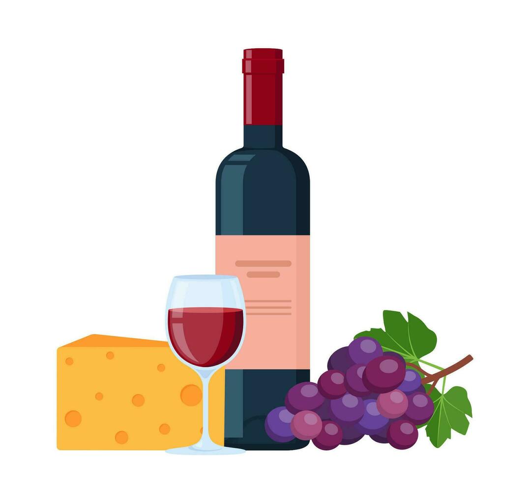 vinho garrafa, peça do queijo, grupo do uvas e vidro do vinho. sommelier acessório. vetor ilustração.