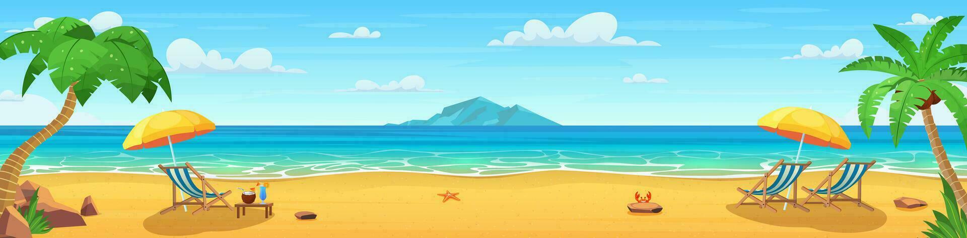 panorama do de madeira chaise saguão, guarda-chuva, mesa com coco e coquetel em praia, montanhas . beira-mar paisagem, natureza férias, oceano ou mar Beira Mar. vetor ilustração dentro plano estilo