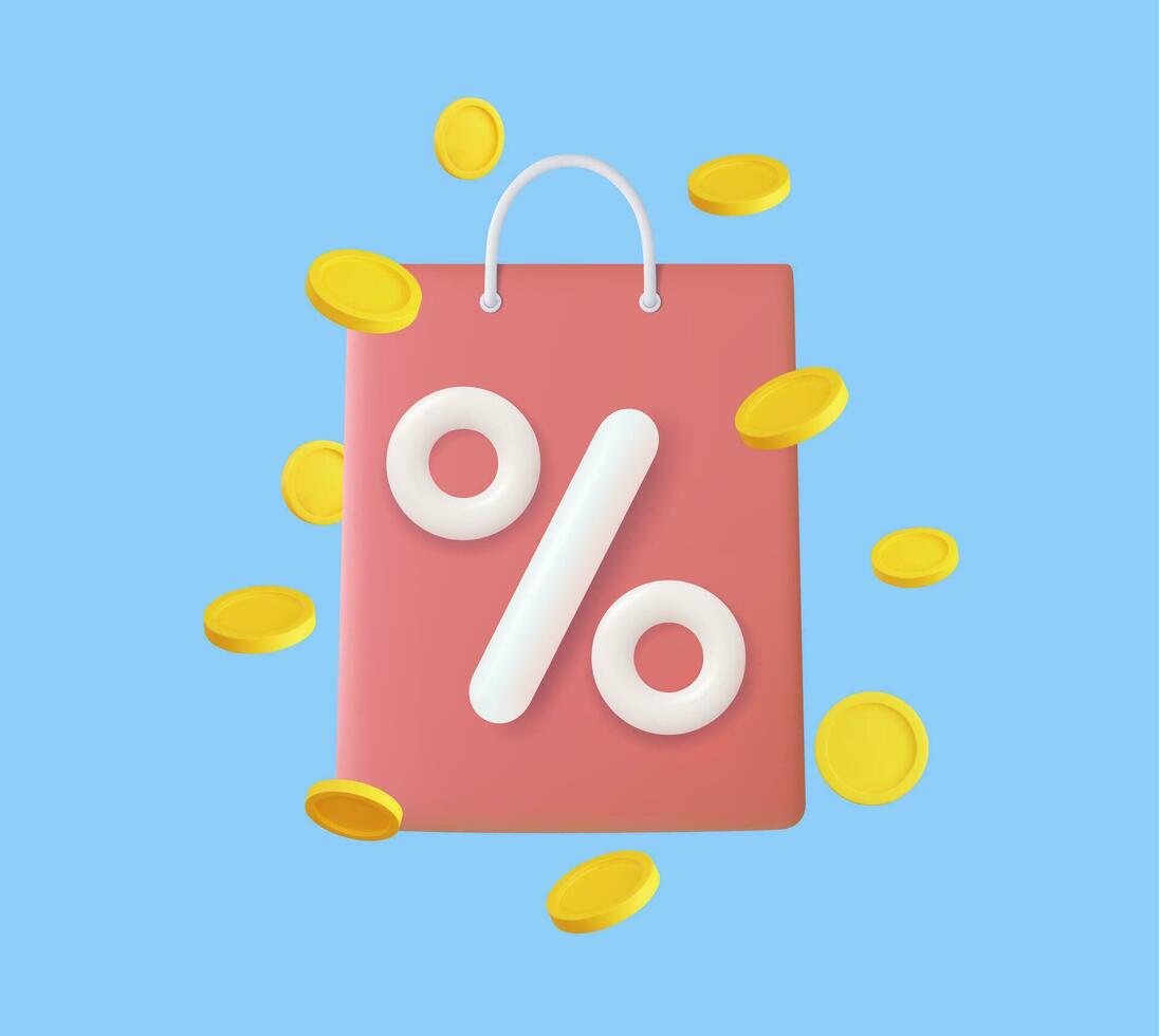 3d compras bolsa, Bolsa com desconto e vôo moedas. oferta, desconto, conectados compras conceito. para promoção, marketing e publicidade dentro social redes. 3d Renderização. vetor ilustração