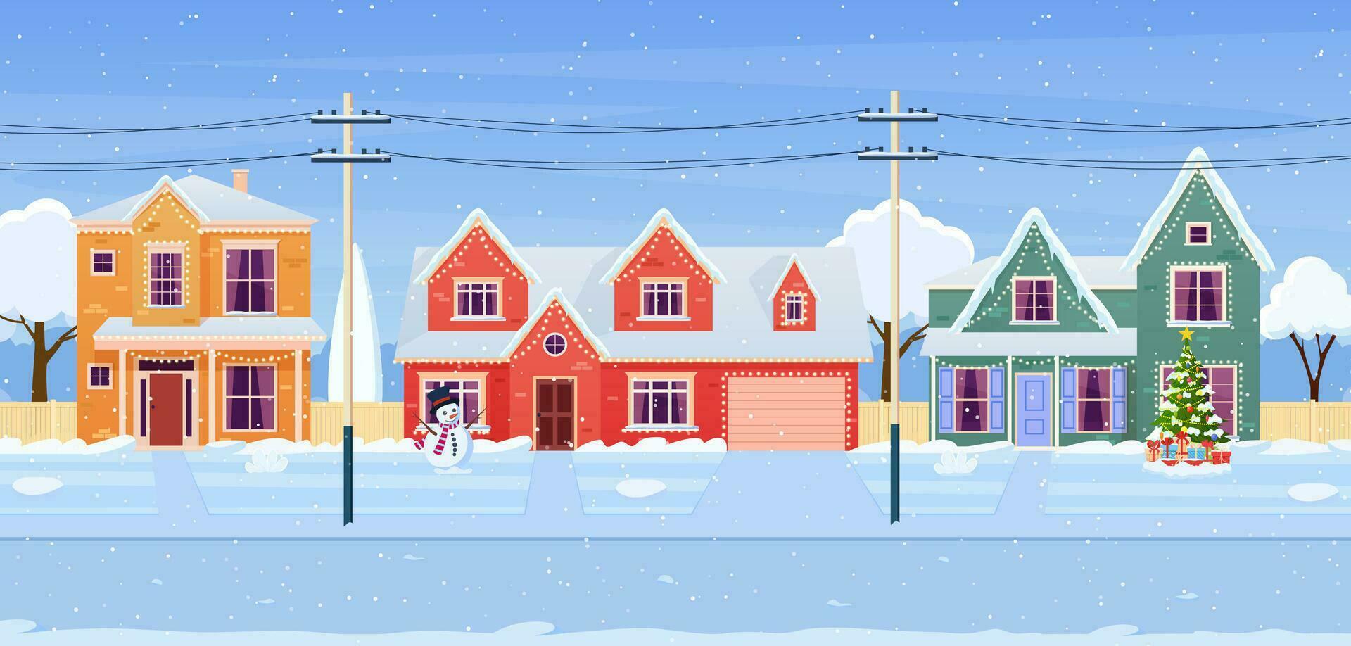 residencial casas com Natal decoração às dia. desenho animado inverno panorama rua com neve em telhados e feriado guirlandas, Natal árvore, boneco de neve. vetor ilustração