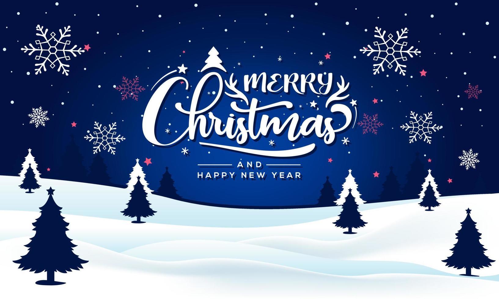 Feliz Natal e ano novo tipografia em fundo brilhante de Natal com paisagem de inverno com flocos de neve, luz, estrelas. cartão de feliz natal. vetor