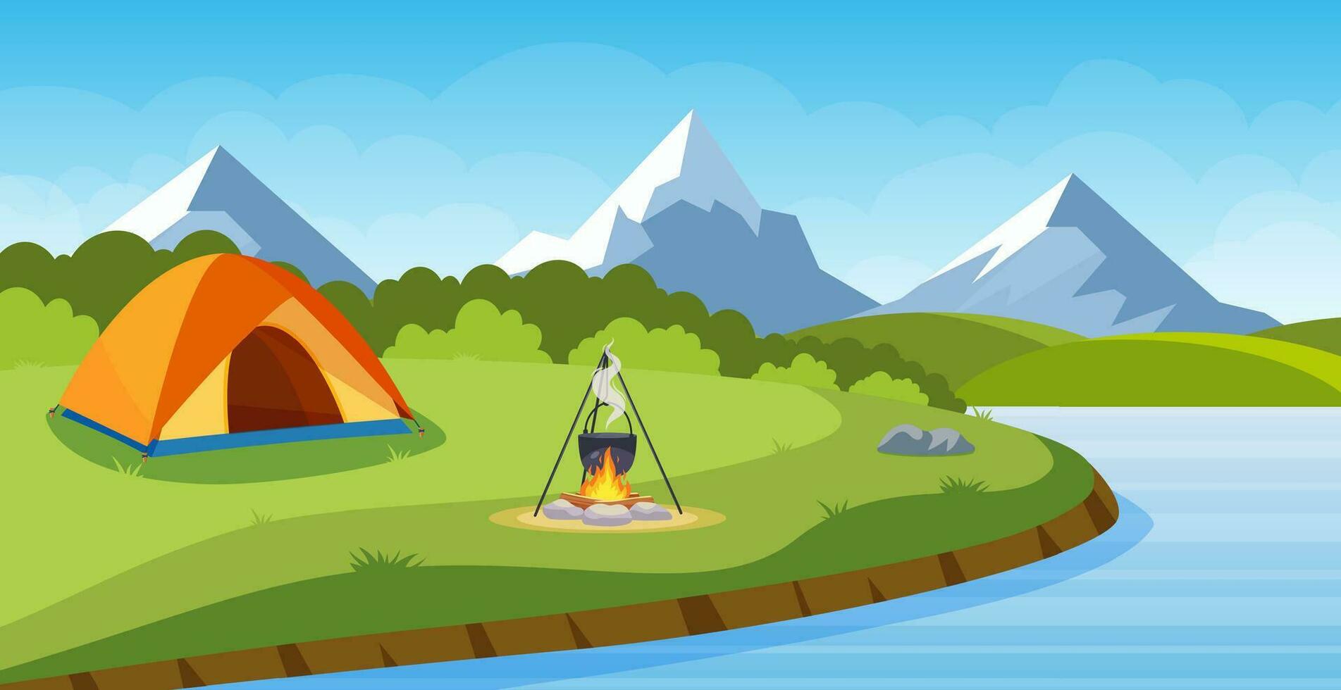 verão acampamento com fogueira, barraca . desenho animado panorama com montanha, floresta e acampamento. equipamento para viagem, caminhada. vetor ilustração dentro plano estilo