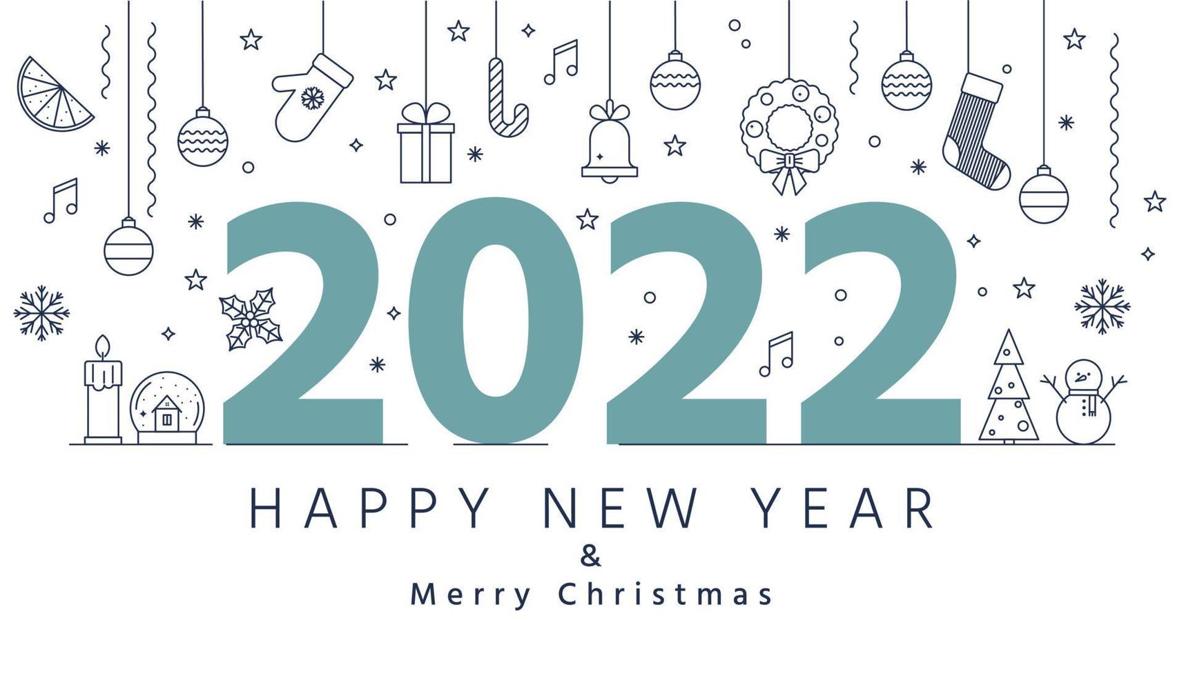 ícones de contorno de Natal e 2022 letras. ano novo e feliz Natal cartão ou banner de negócios. ilustração vetorial plana vetor