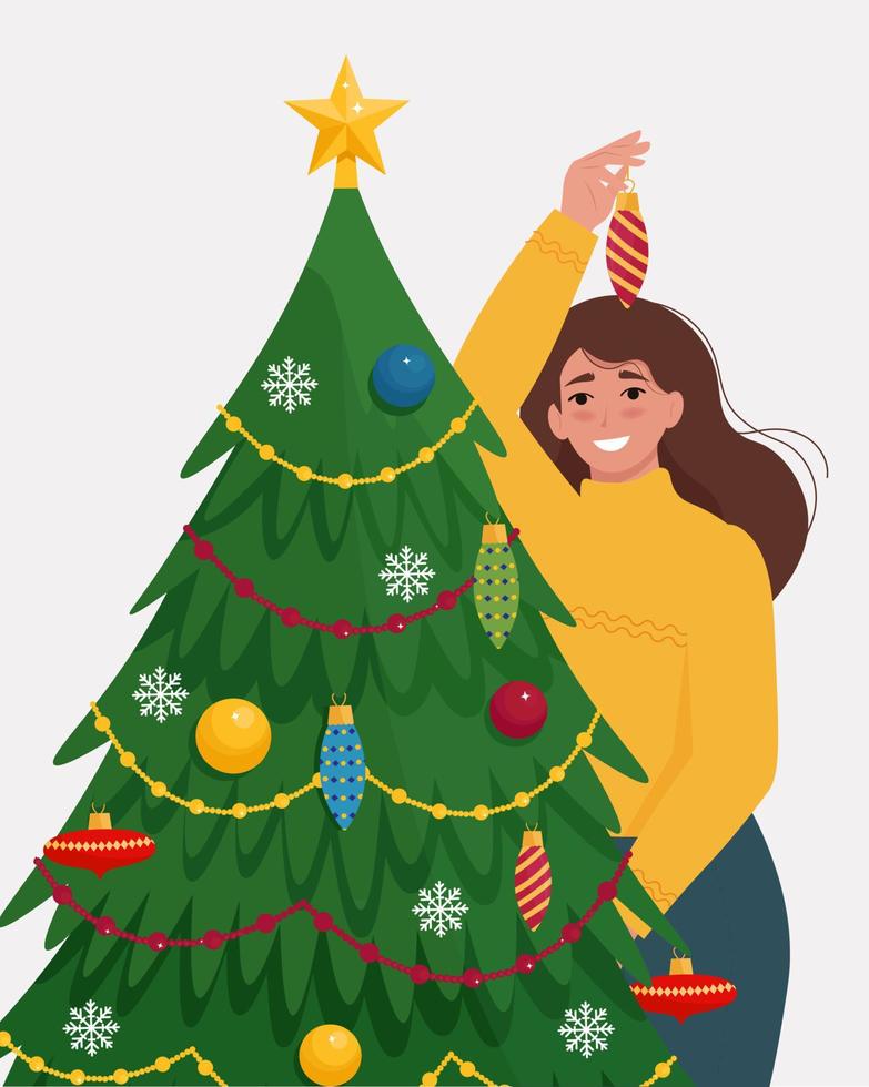 fêmea decora uma árvore de natal. ilustração vetorial fofa em estilo simples vetor