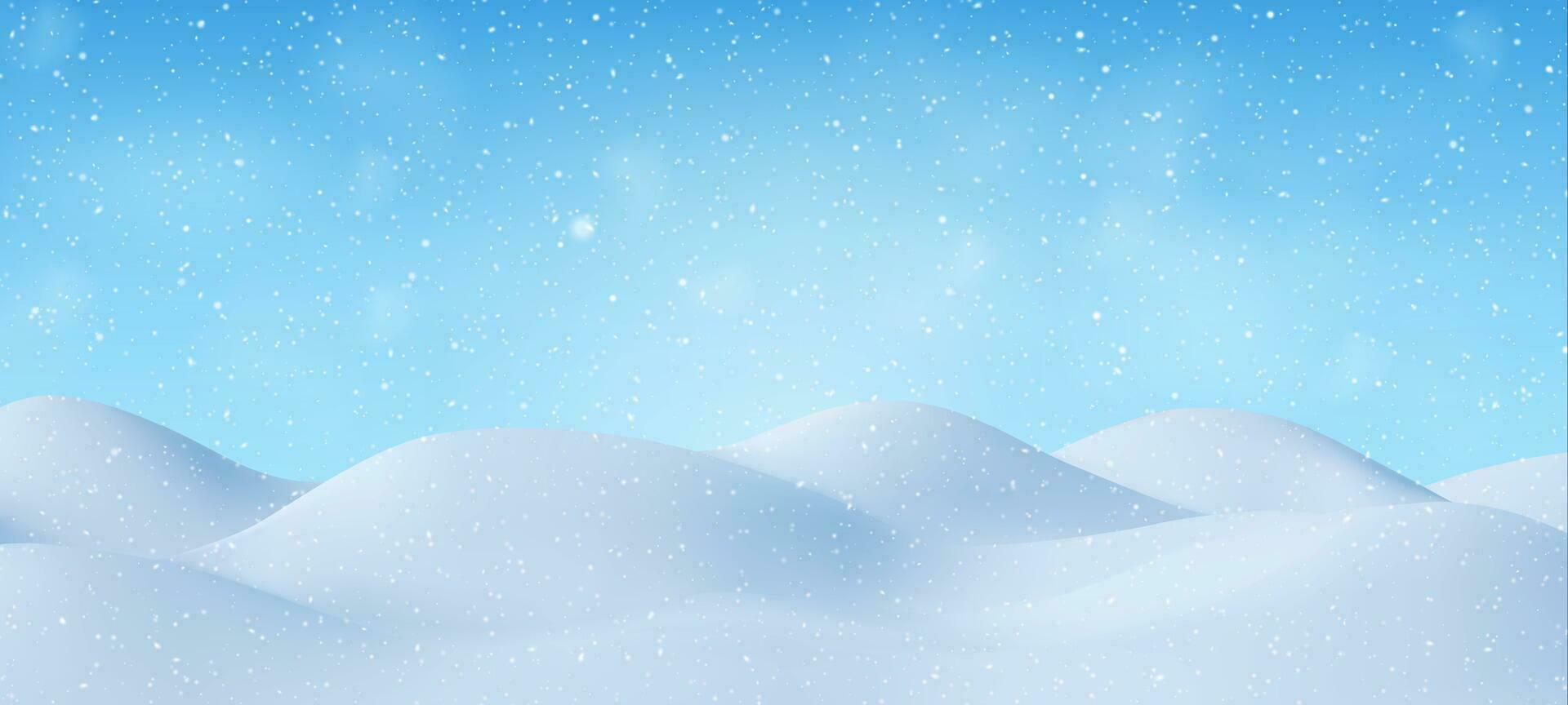 3d natural inverno Natal e Novo ano fundo com azul céu, queda de neve, flocos de neve, montes de neve. inverno panorama com queda Natal brilhando lindo neve. vetor ilustração