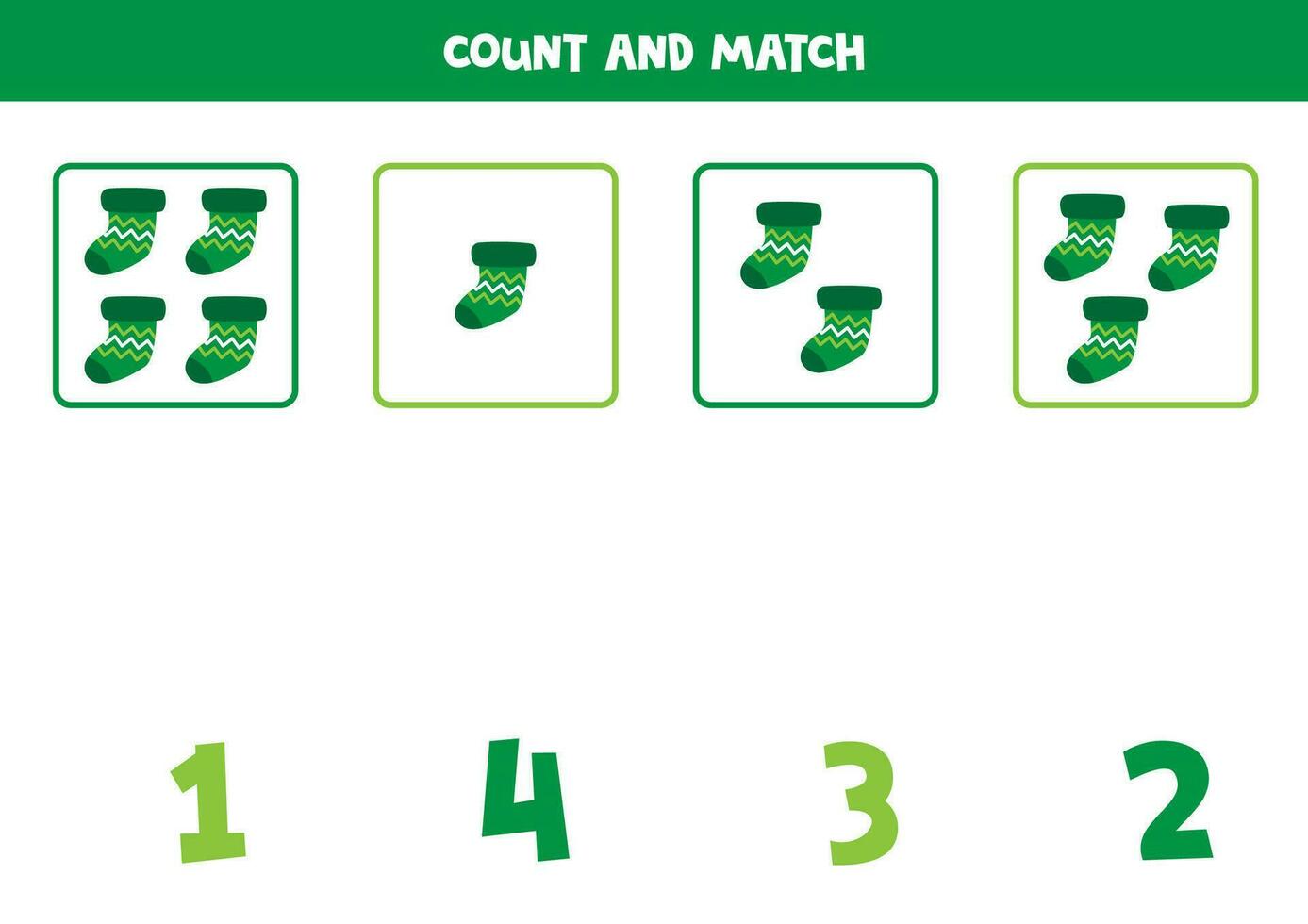 jogo de contagem para crianças. conte todas as meias verdes e combine com os números. planilha para crianças. vetor