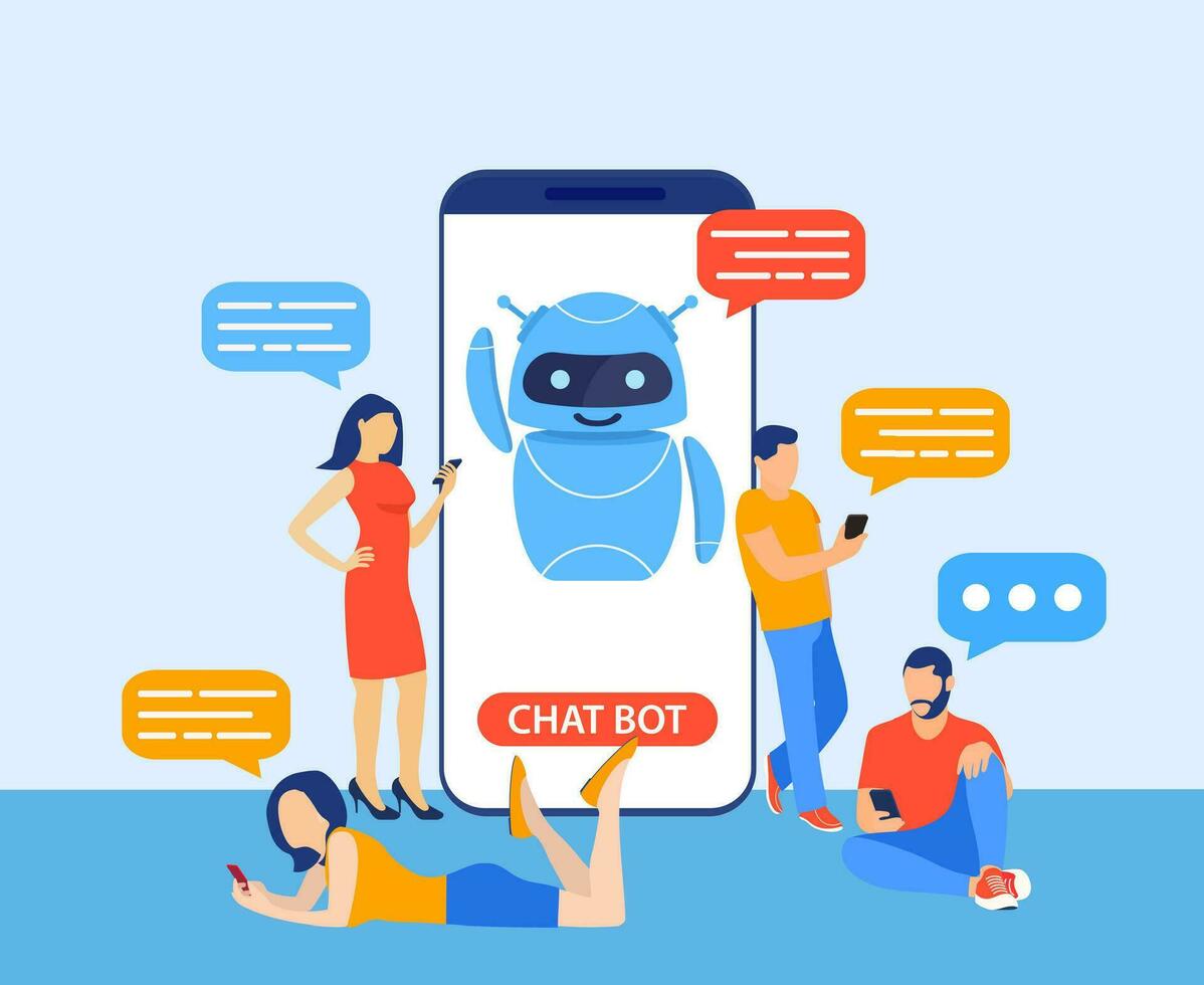 chatbot ai e cliente serviço conceito. pessoas falando com bate-papo robô dentro uma grande Smartphone tela. ai robô assistente para do utilizador correspondência. cliente apoiar. vetor ilustração dentro plano estilo