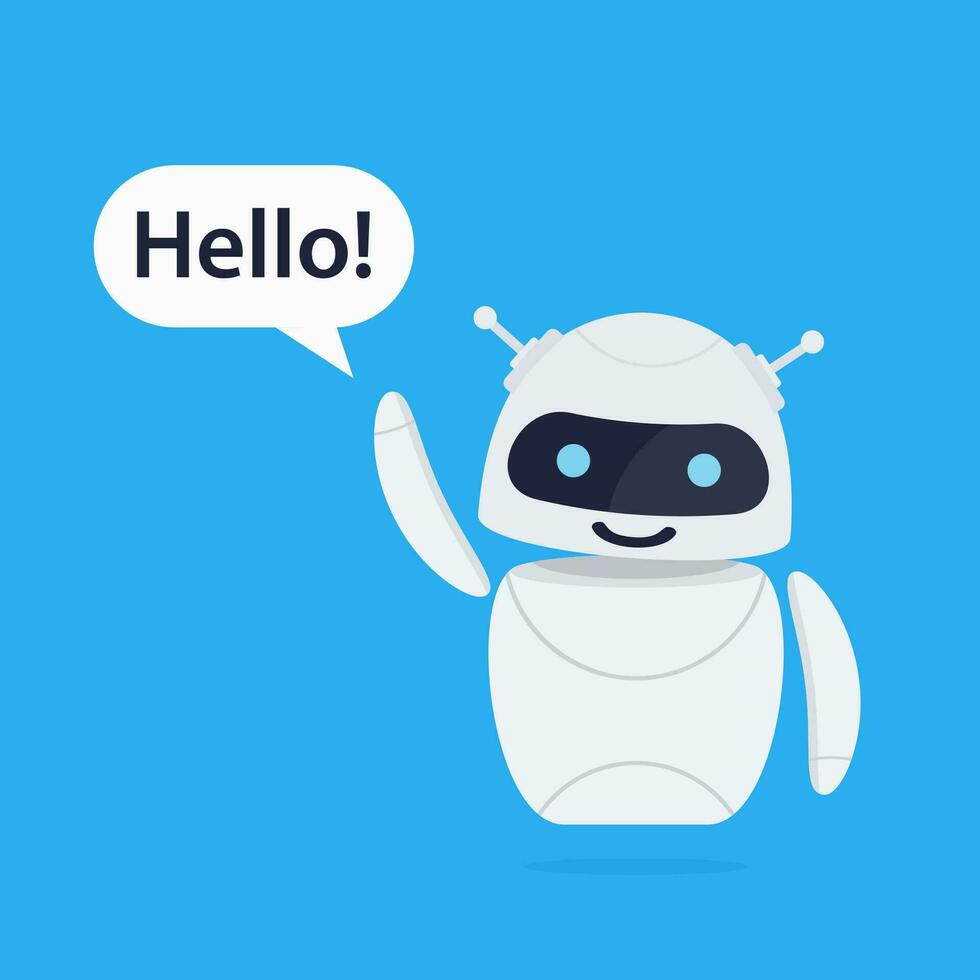 chatbot robô conceito. fofa robô dizer Comercial olá. chatbot cumprimenta. conectados consulta. robô detém discurso bolhas. vetor ilustração dentro plano estilo