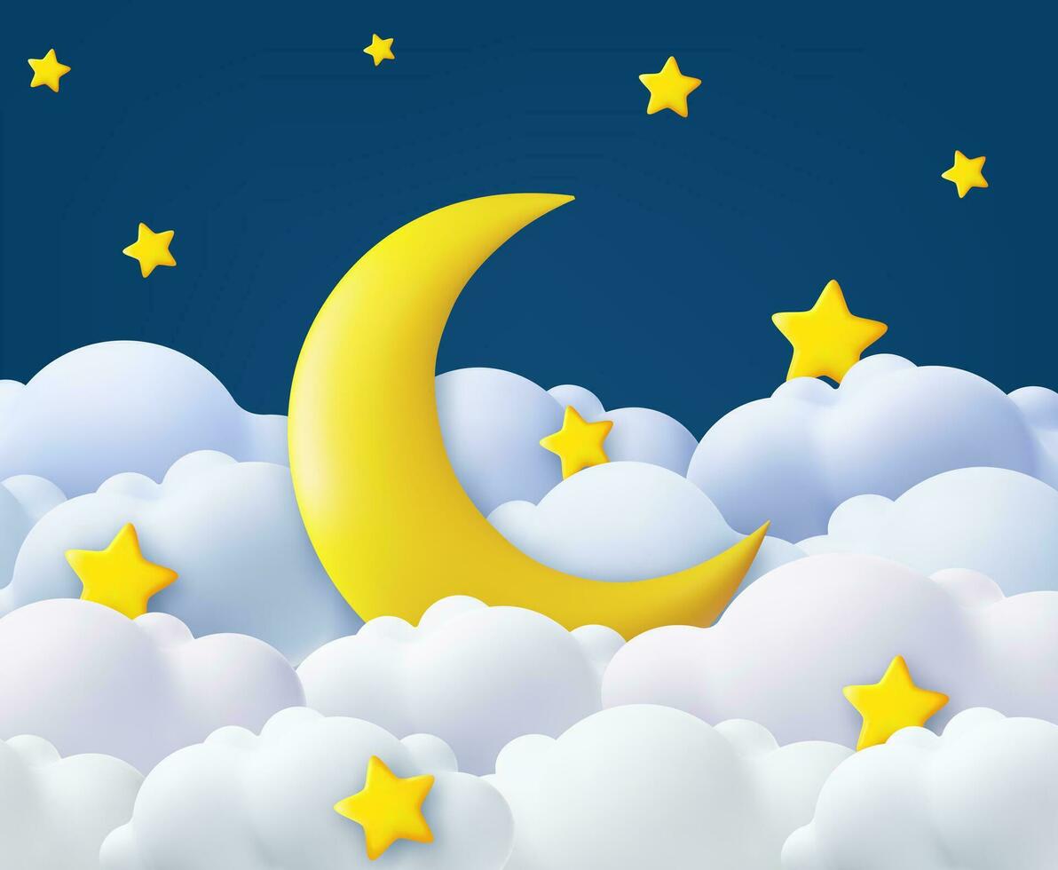 3d Boa noite e doce sonhos bandeira. fofo nuvens em Sombrio céu fundo com ouro lua e estrelas. Lugar, colocar para texto. 3d Renderização. vetor ilustração