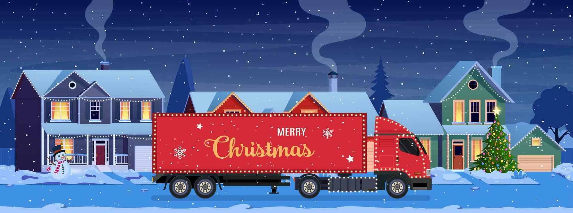 residencial casas com Natal decoração às noite. vermelho Entrega caminhão em fundo com desenho animado inverno panorama. rua e feriado guirlandas, Natal árvore, boneco de neve. vetor ilustração